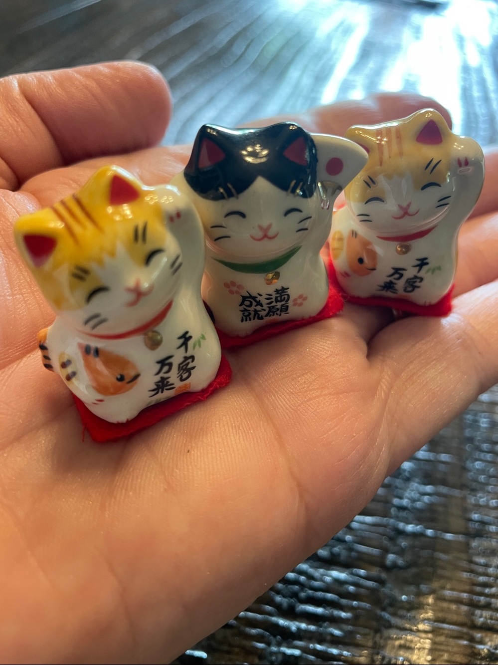 Set of Three Ceramic Lucky Cat Figurines - White with Yellow & Black Accents - Picture 5 of 5